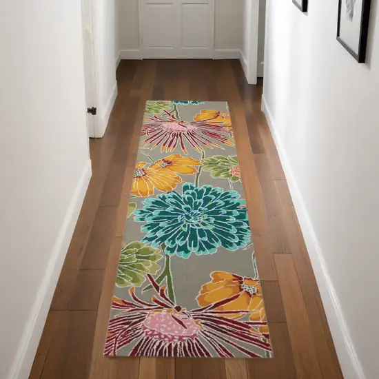 8' Gray and Orange Botanical Leaves Hand Carved Handmade Runner Rug Photo 2