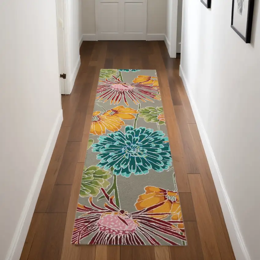 8' Gray and Orange Botanical Leaves Hand Carved Handmade Runner Rug Photo 2