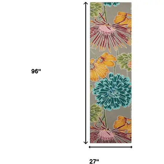 8' Gray and Orange Botanical Leaves Hand Carved Handmade Runner Rug Photo 8