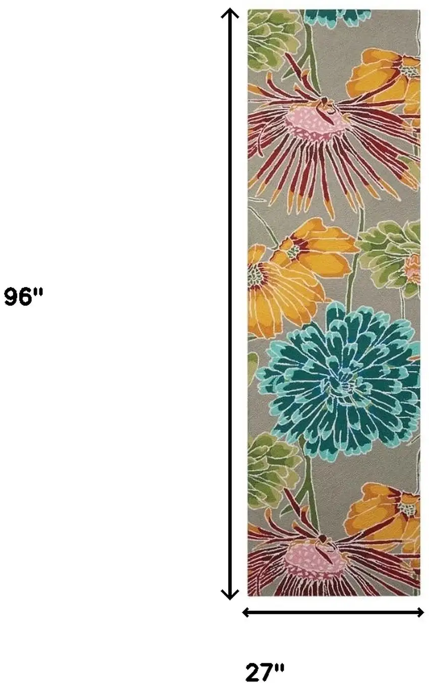 8' Gray and Orange Botanical Leaves Hand Carved Handmade Runner Rug Photo 8