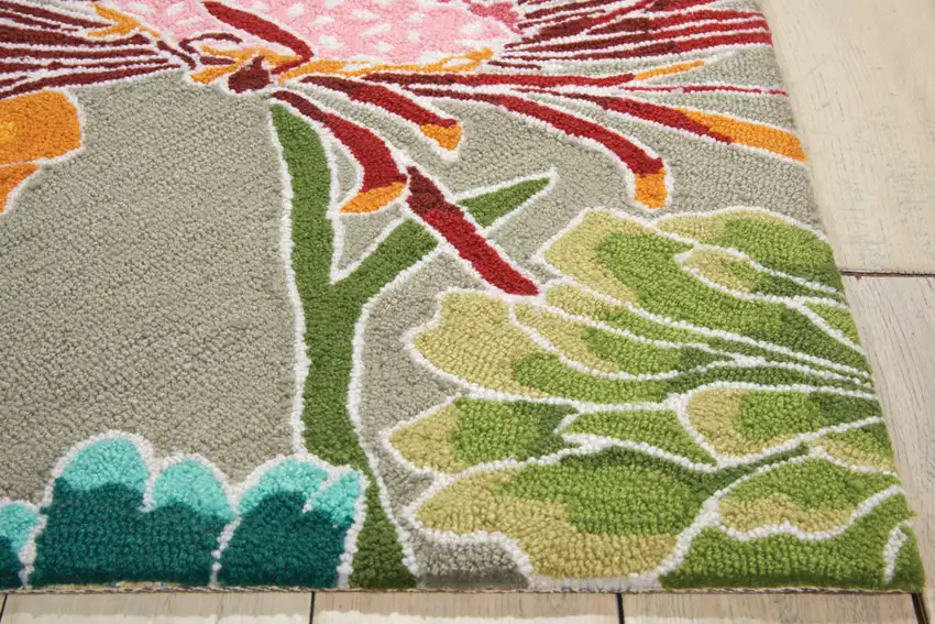 8' Gray and Orange Botanical Leaves Hand Carved Handmade Runner Rug Photo 7