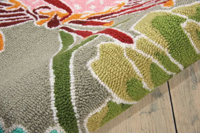 8' Gray and Orange Botanical Leaves Hand Carved Handmade Runner Rug Photo 9