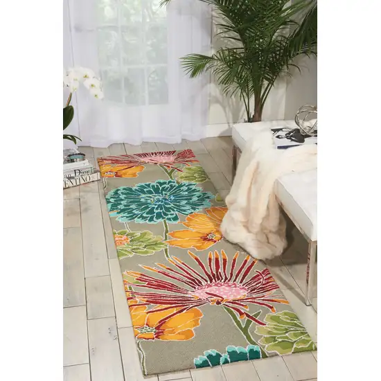 8' Gray and Orange Botanical Leaves Hand Carved Handmade Runner Rug Photo 5