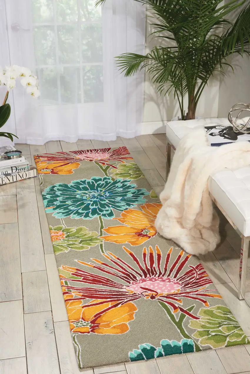 8' Gray and Orange Botanical Leaves Hand Carved Handmade Runner Rug Photo 5