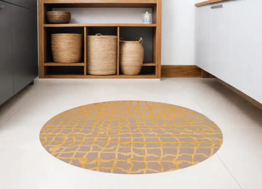 8' Gray and Orange Round Abstract Non Skid Area Rug Photo 1