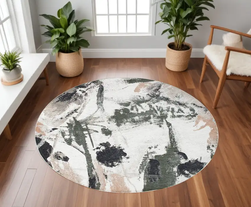 8' Gray and Orange Round Abstract Non Skid Area Rug Photo 1