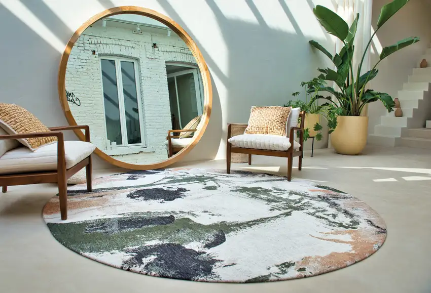 8' Gray and Orange Round Abstract Non Skid Area Rug Photo 6