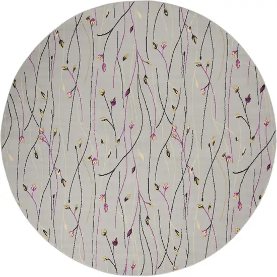8' Gray and Pink Round Floral Power Loom Area Rug Photo 4