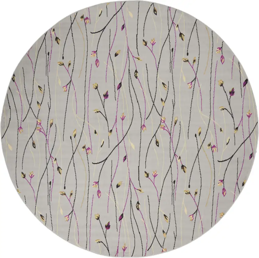 8' Gray and Pink Round Floral Power Loom Area Rug Photo 4