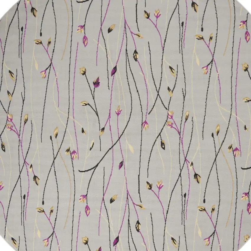 8' Gray and Pink Round Floral Power Loom Area Rug Photo 6