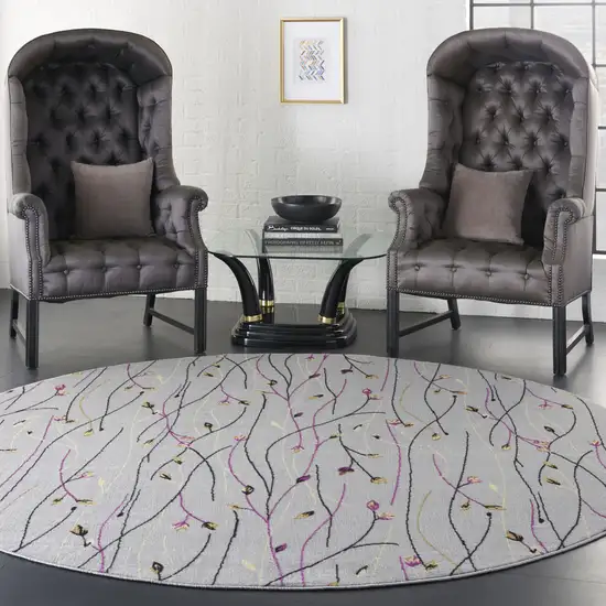 8' Gray and Pink Round Floral Power Loom Area Rug Photo 5