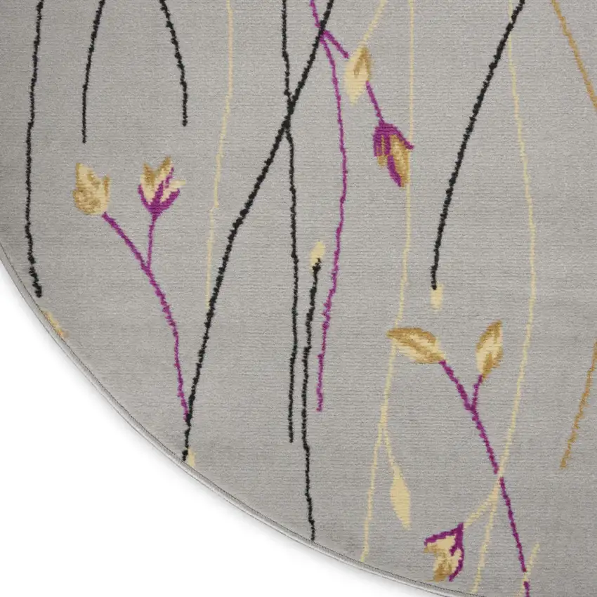 5' Gray and Pink Round Floral Vines Power Loom Area Rug Photo 9