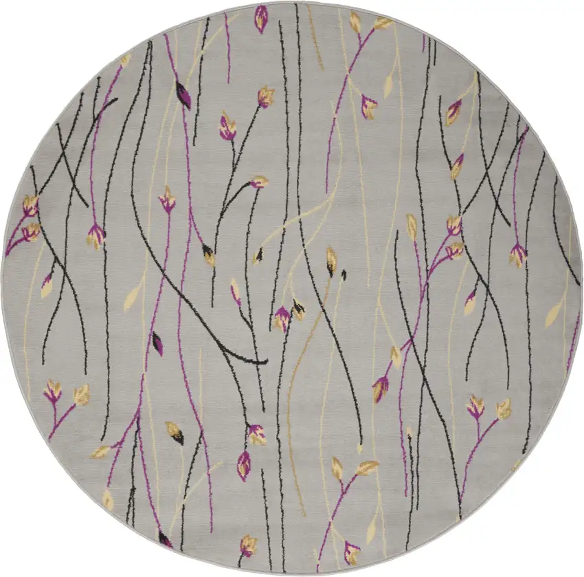 5' Gray and Pink Round Floral Vines Power Loom Area Rug Photo 6