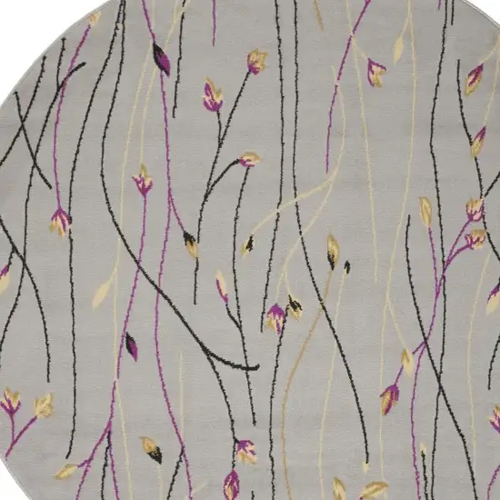 5' Gray and Pink Round Floral Vines Power Loom Area Rug Photo 3