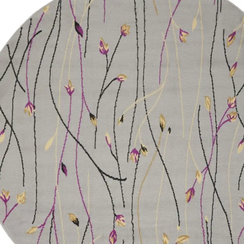 5' Gray and Pink Round Floral Vines Power Loom Area Rug Photo 3