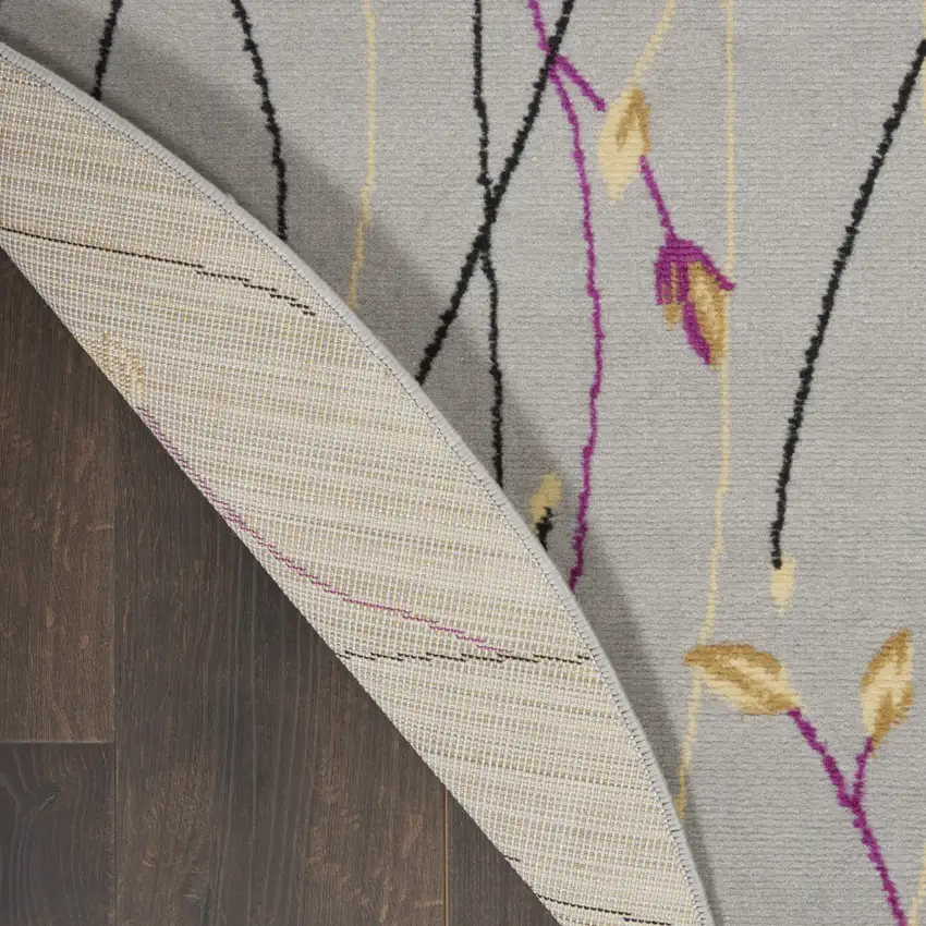 5' Gray and Pink Round Floral Vines Power Loom Area Rug Photo 9