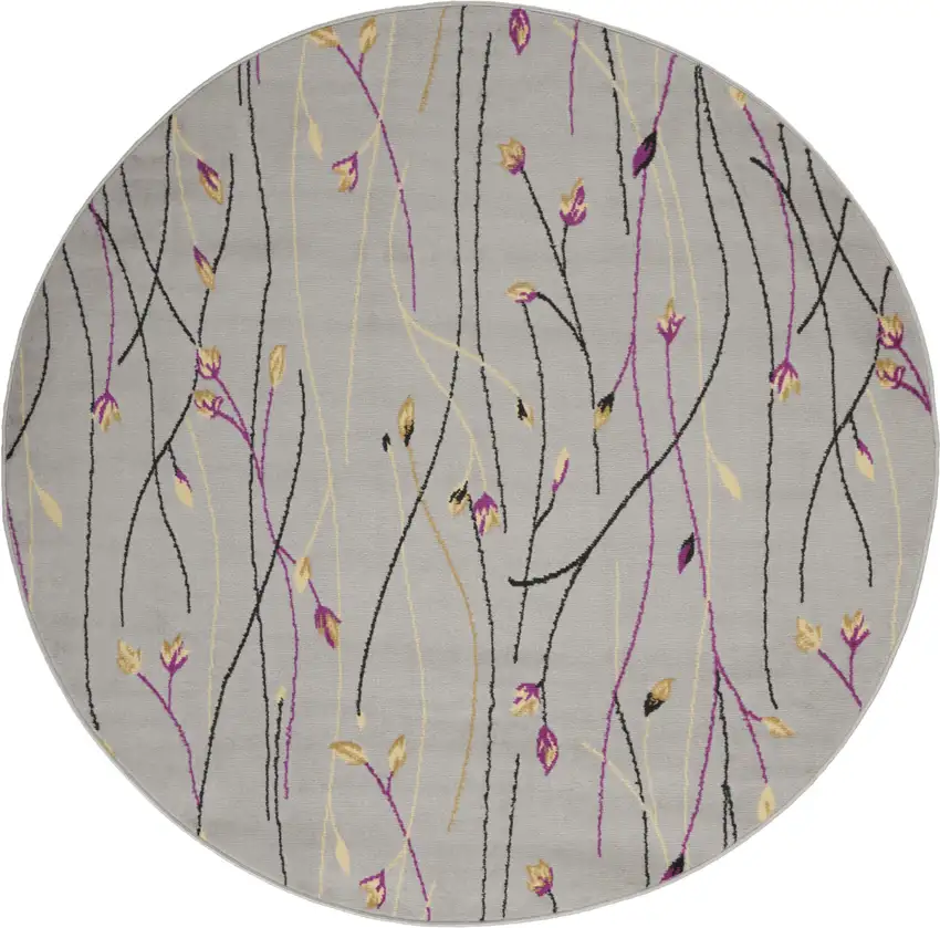 5' Gray and Pink Round Floral Vines Power Loom Area Rug Photo 2