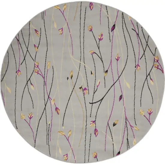 5' Gray and Pink Round Floral Vines Power Loom Area Rug Photo 4