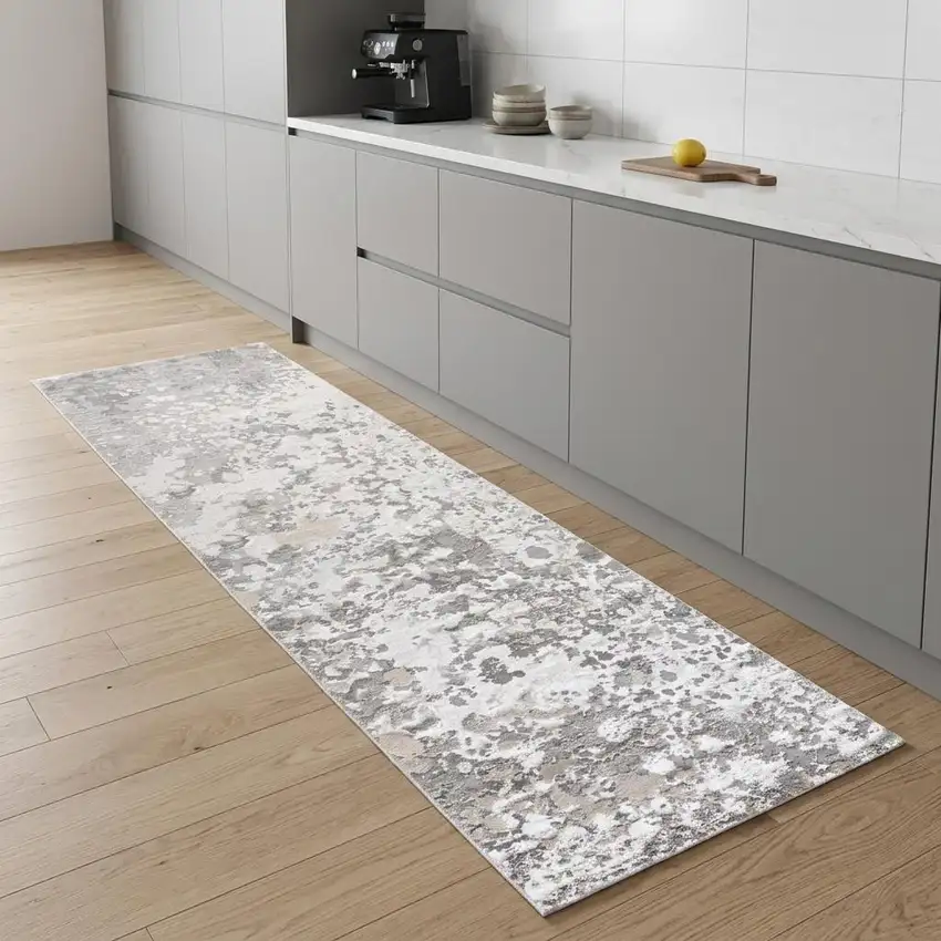8' Gray and Silver Abstract Power Loom Runner Rug Photo 1