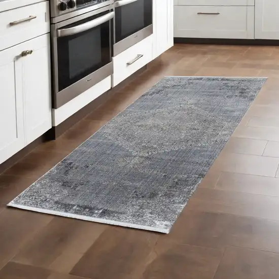 8' Gray and Silver Abstract Power Loom Worn Faded Runner Rug Photo 3