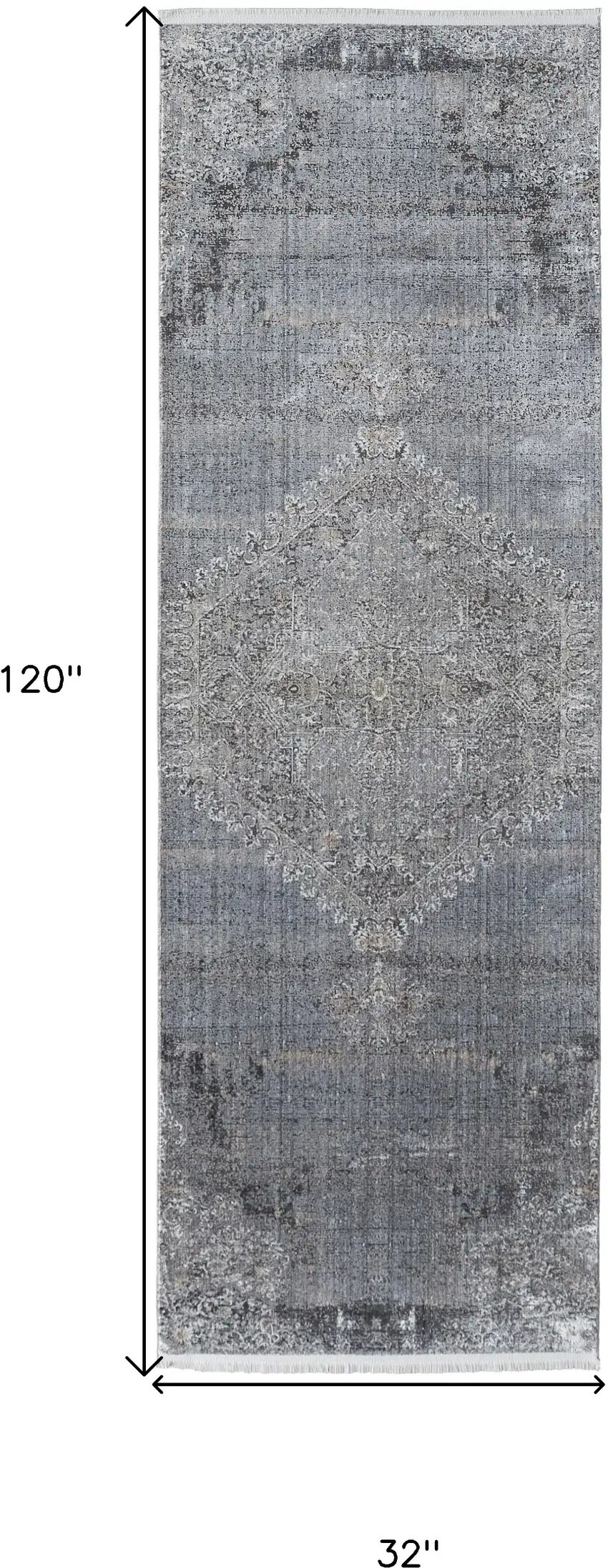 8' Gray and Silver Abstract Power Loom Worn Faded Runner Rug Photo 7