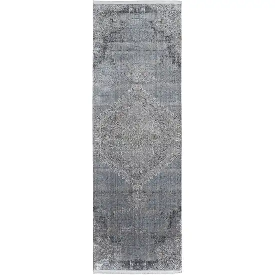 8' Gray and Silver Abstract Power Loom Worn Faded Runner Rug Photo 4