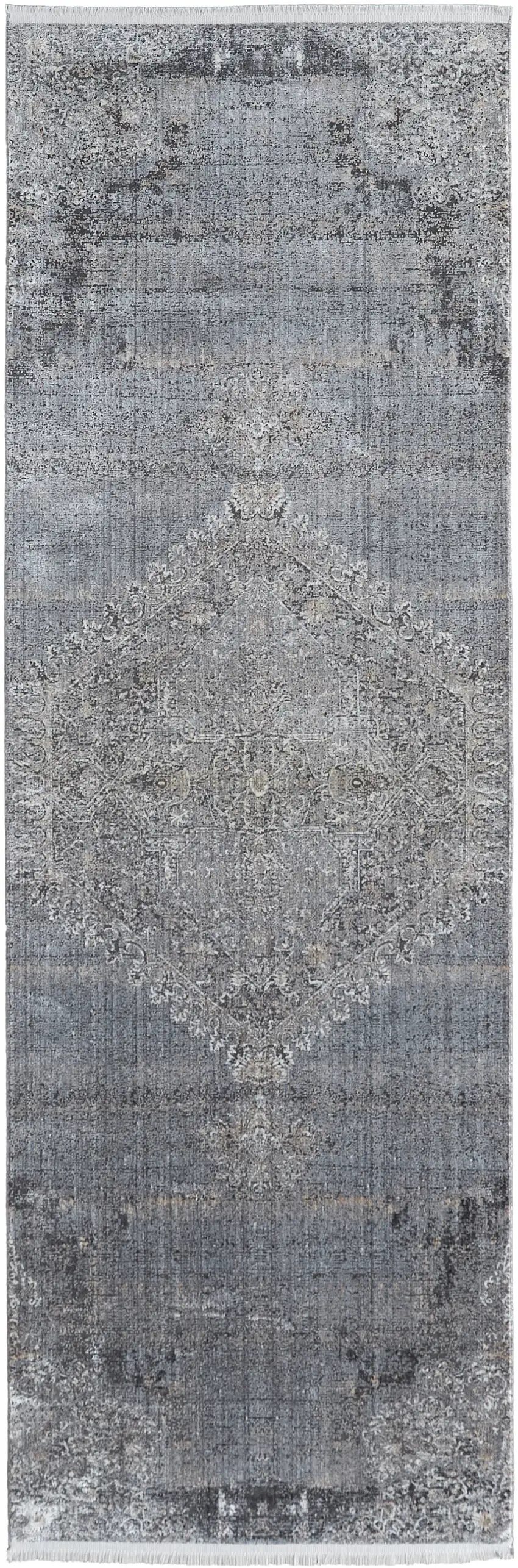 8' Gray and Silver Abstract Power Loom Worn Faded Runner Rug Photo 4