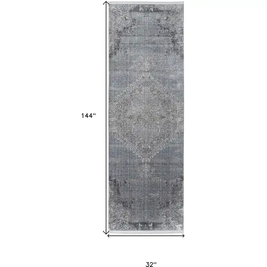 12' Gray and Silver Abstract Power Loom Worn Faded Runner Rug Photo 8