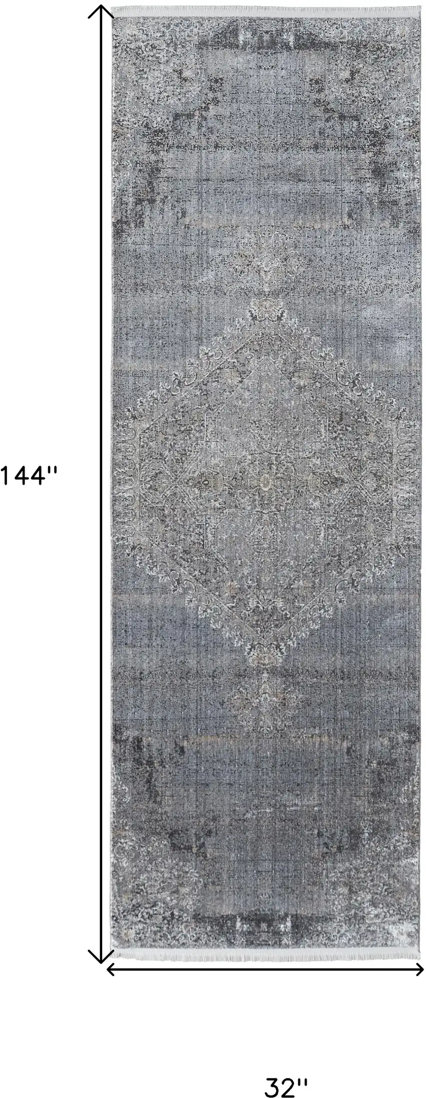 12' Gray and Silver Abstract Power Loom Worn Faded Runner Rug Photo 8