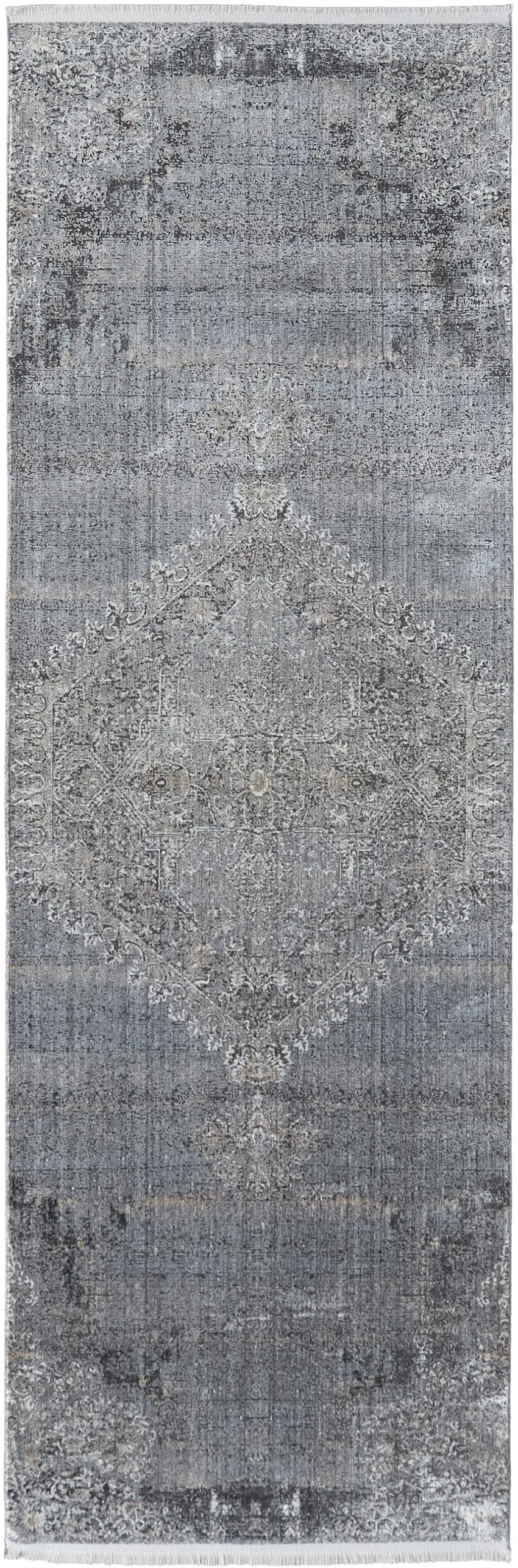 12' Gray and Silver Abstract Power Loom Worn Faded Runner Rug Photo 1