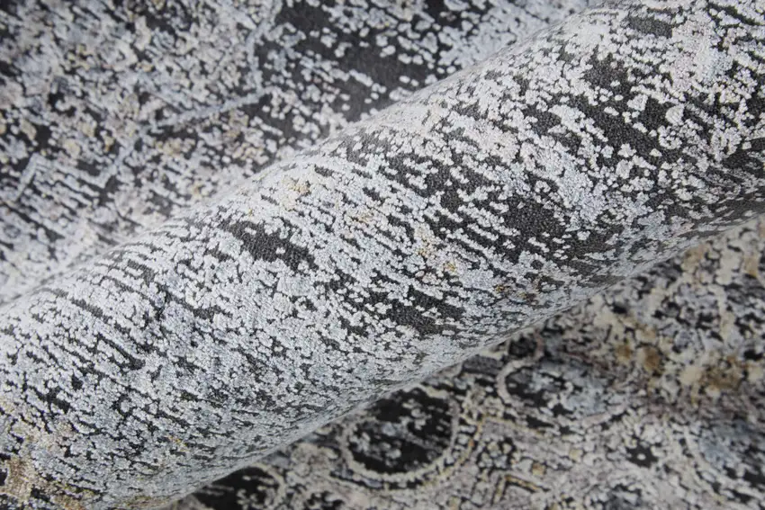 12' Gray and Silver Abstract Power Loom Worn Faded Runner Rug Photo 9