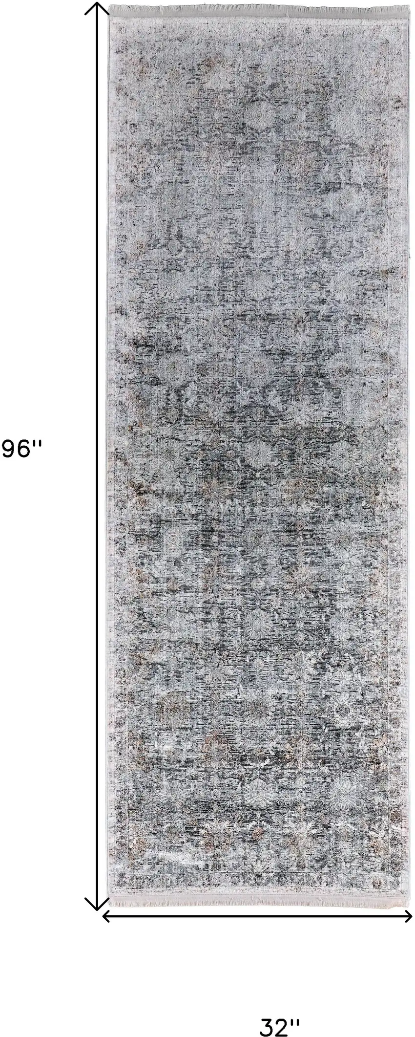 8' Gray and Silver Damask Power Loom Worn Faded Runner Rug Photo 6