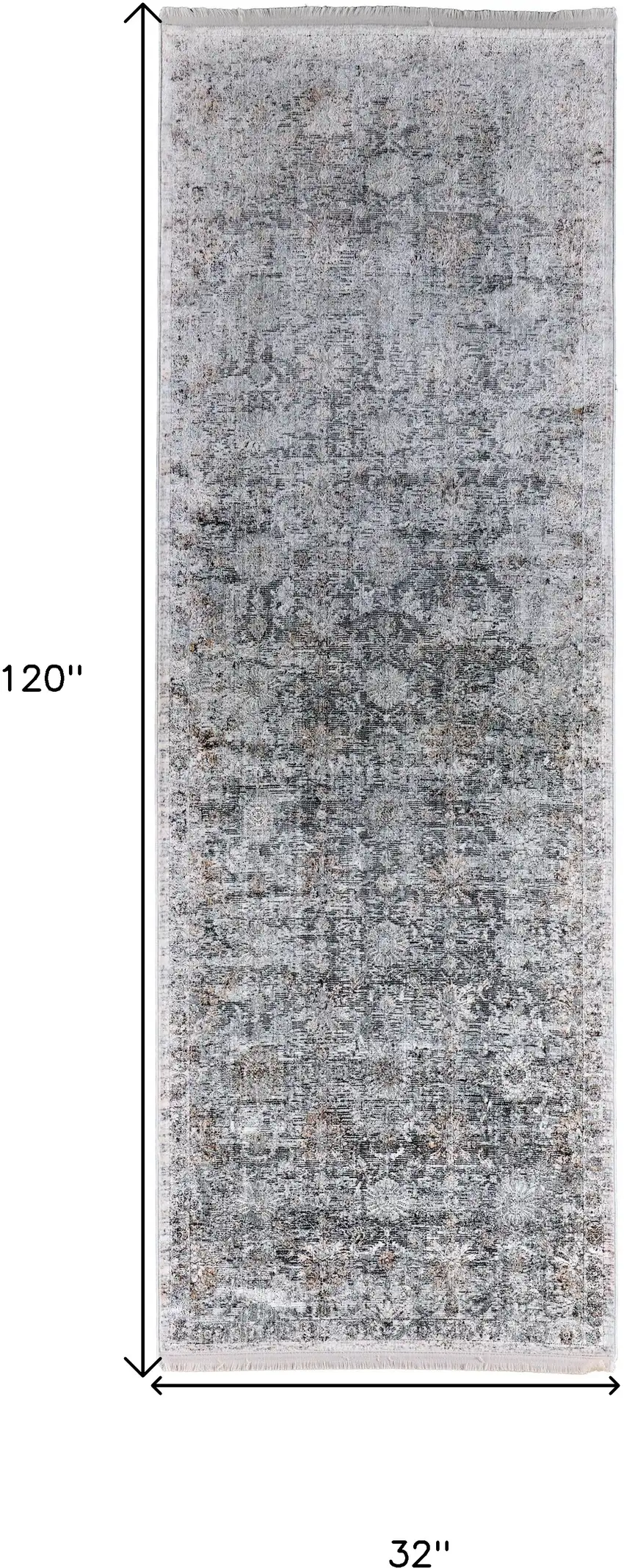 8' Gray and Silver Damask Power Loom Worn Faded Runner Rug Photo 6