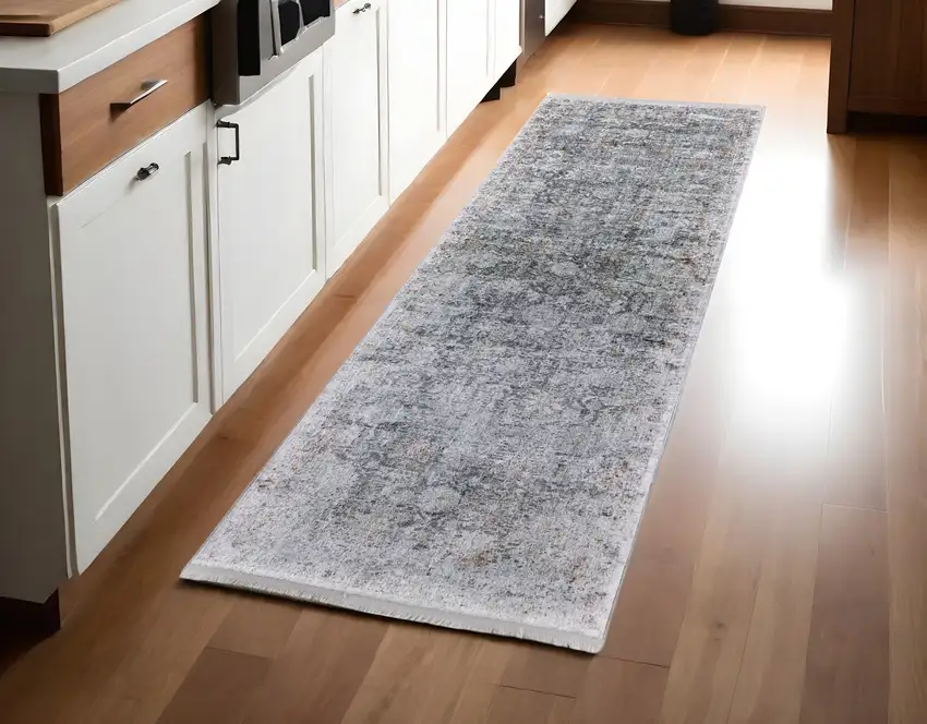 8' Gray and Silver Damask Power Loom Worn Faded Runner Rug Photo 2
