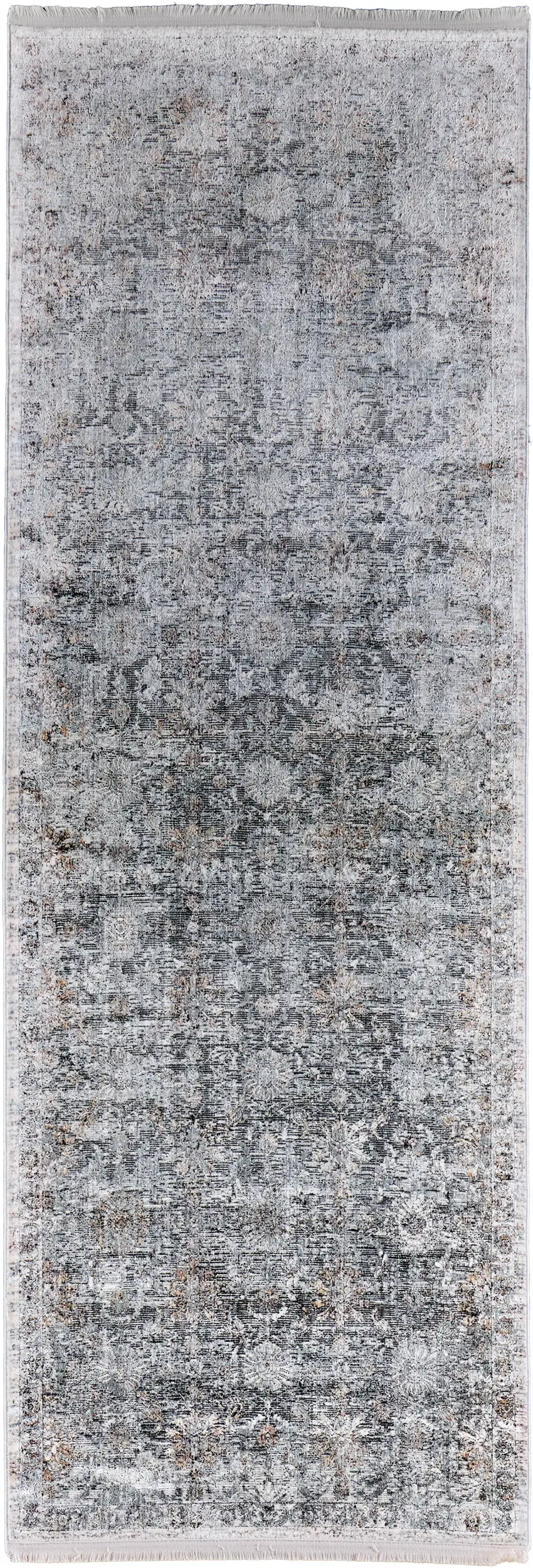 8' Gray and Silver Damask Power Loom Worn Faded Runner Rug Photo 1