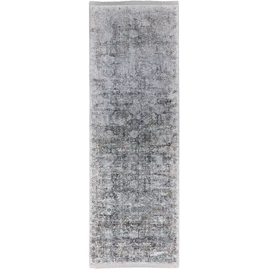 8' Gray and Silver Damask Power Loom Worn Faded Runner Rug Photo 4