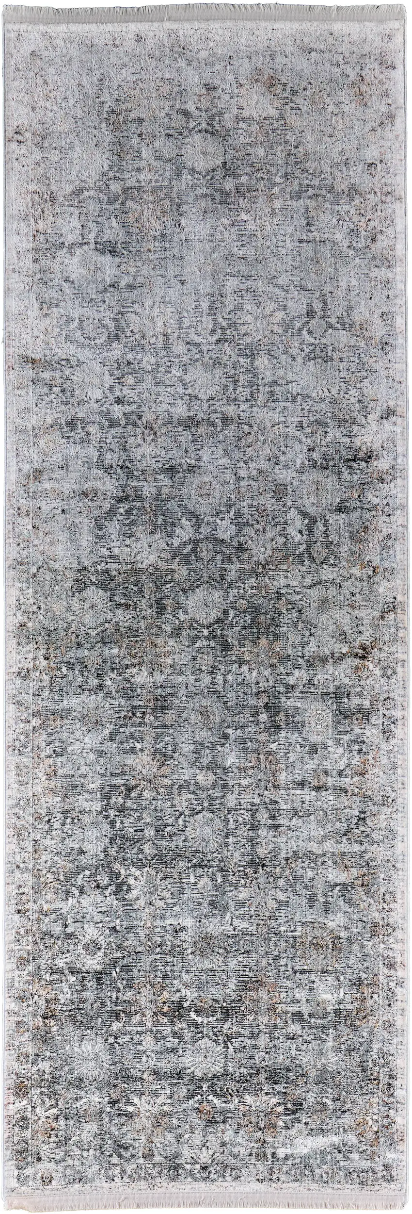 8' Gray and Silver Damask Power Loom Worn Faded Runner Rug Photo 4