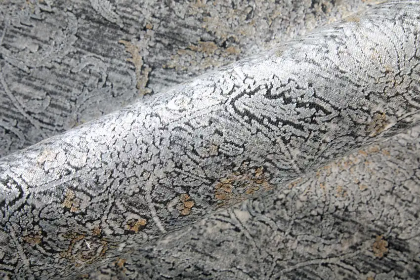 12' Gray and Silver Damask Power Loom Worn Faded Runner Rug Photo 8