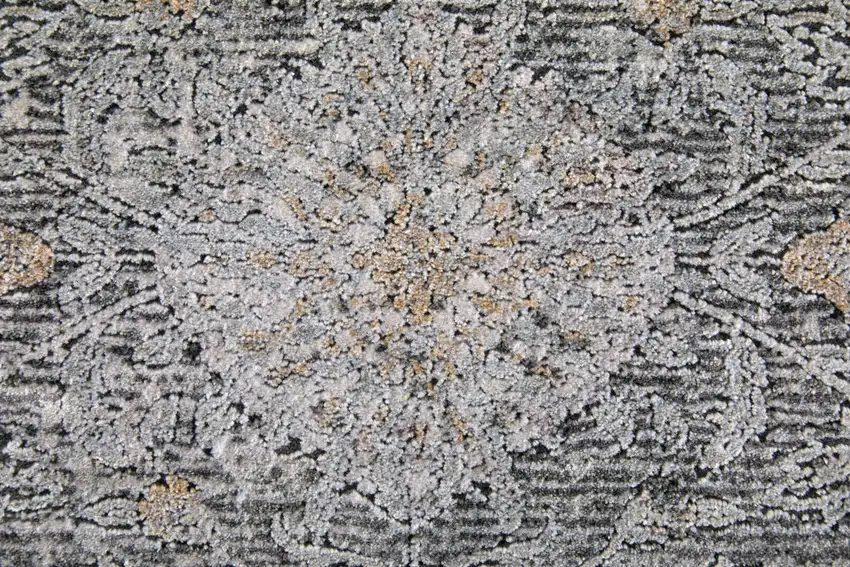 12' Gray and Silver Damask Power Loom Worn Faded Runner Rug Photo 9