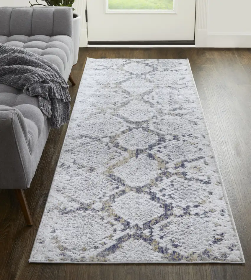 10' Gray and Silver Floral Power Loom Runner Rug Photo 7