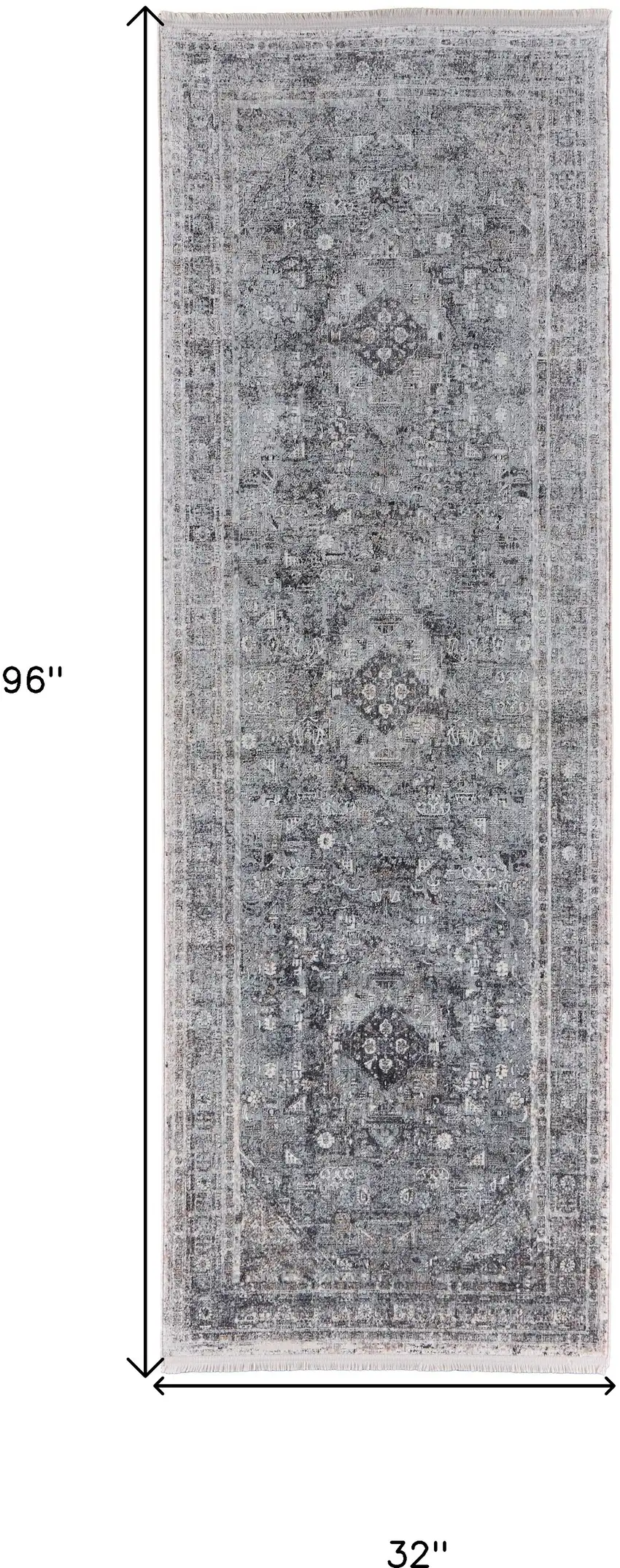 8' Gray and Silver Oriental Power Loom Worn Faded Runner Rug Photo 5