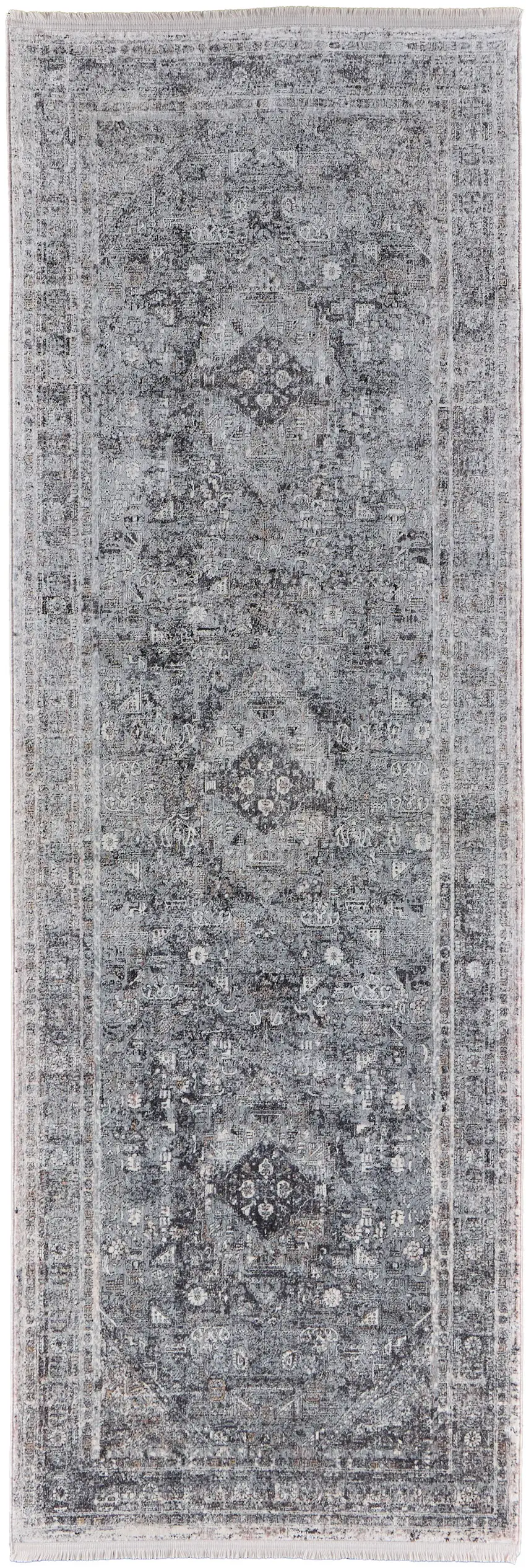 8' Gray and Silver Oriental Power Loom Worn Faded Runner Rug Photo 1