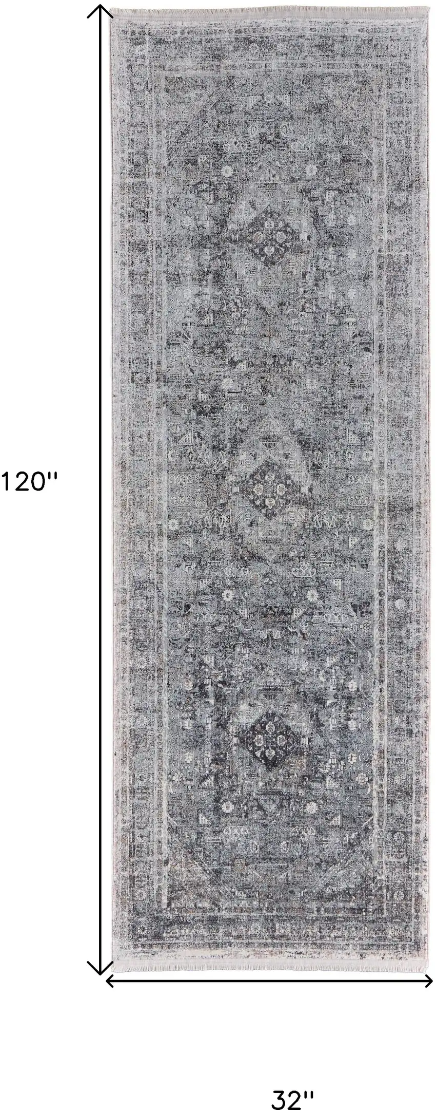 8' Gray and Silver Oriental Power Loom Worn Faded Runner Rug Photo 6