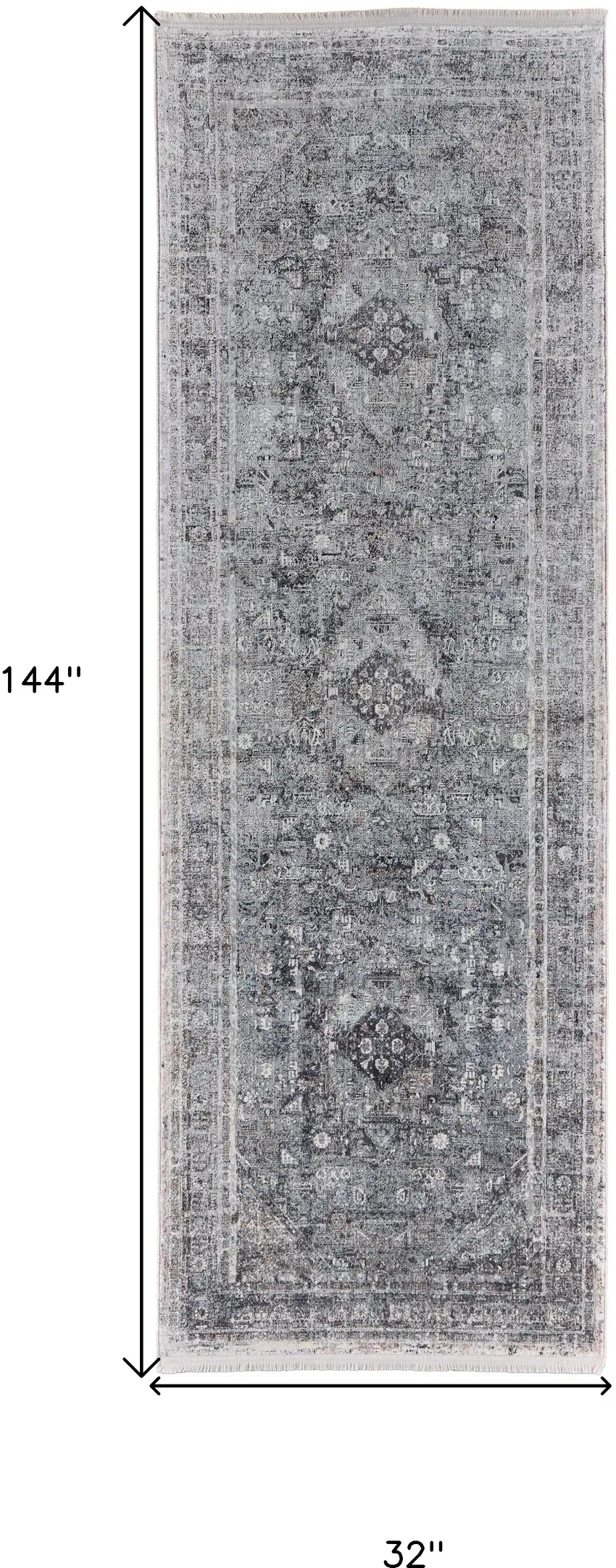 12' Gray and Silver Oriental Power Loom Worn Faded Runner Rug Photo 6