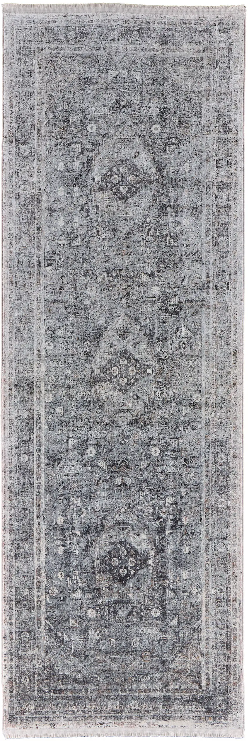 12' Gray and Silver Oriental Power Loom Worn Faded Runner Rug Photo 4