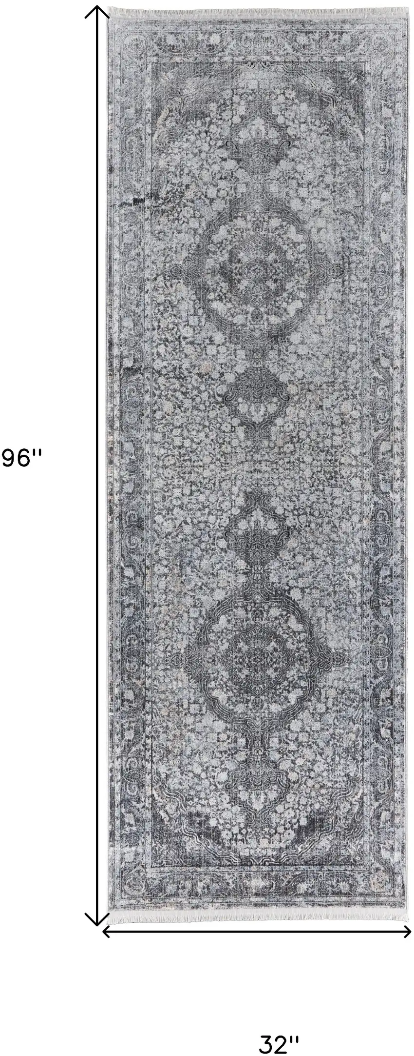 8' Gray and Silver Oriental Power Loom Worn Faded Runner Rug Photo 6