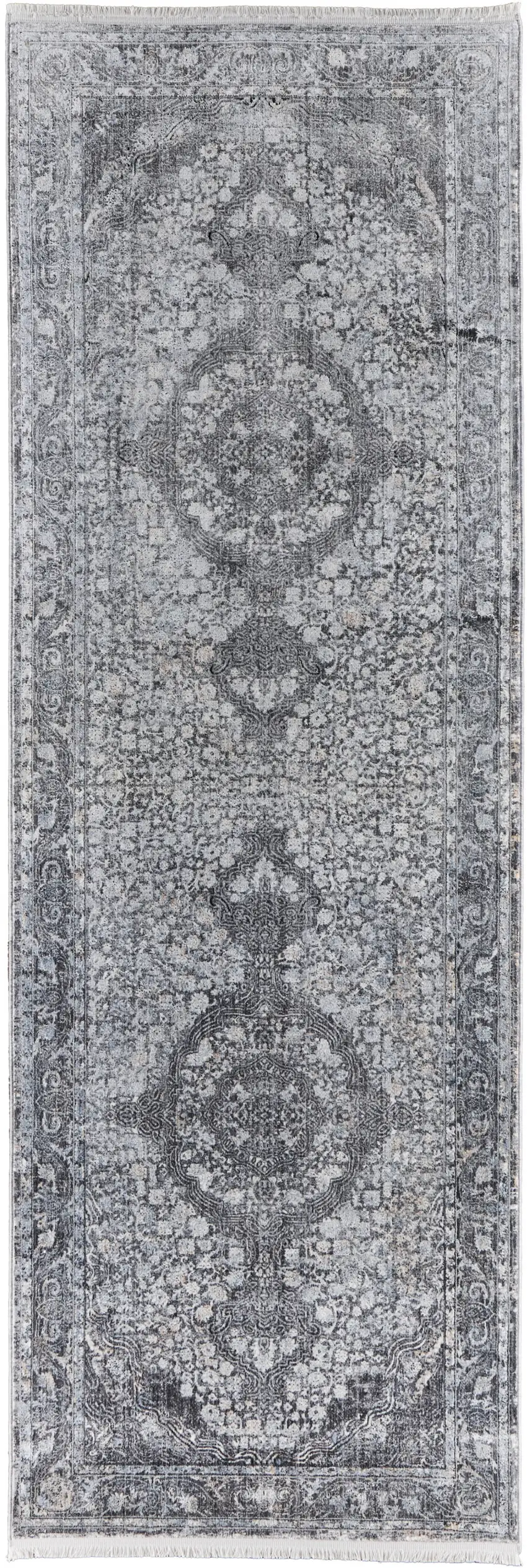 8' Gray and Silver Oriental Power Loom Worn Faded Runner Rug Photo 4