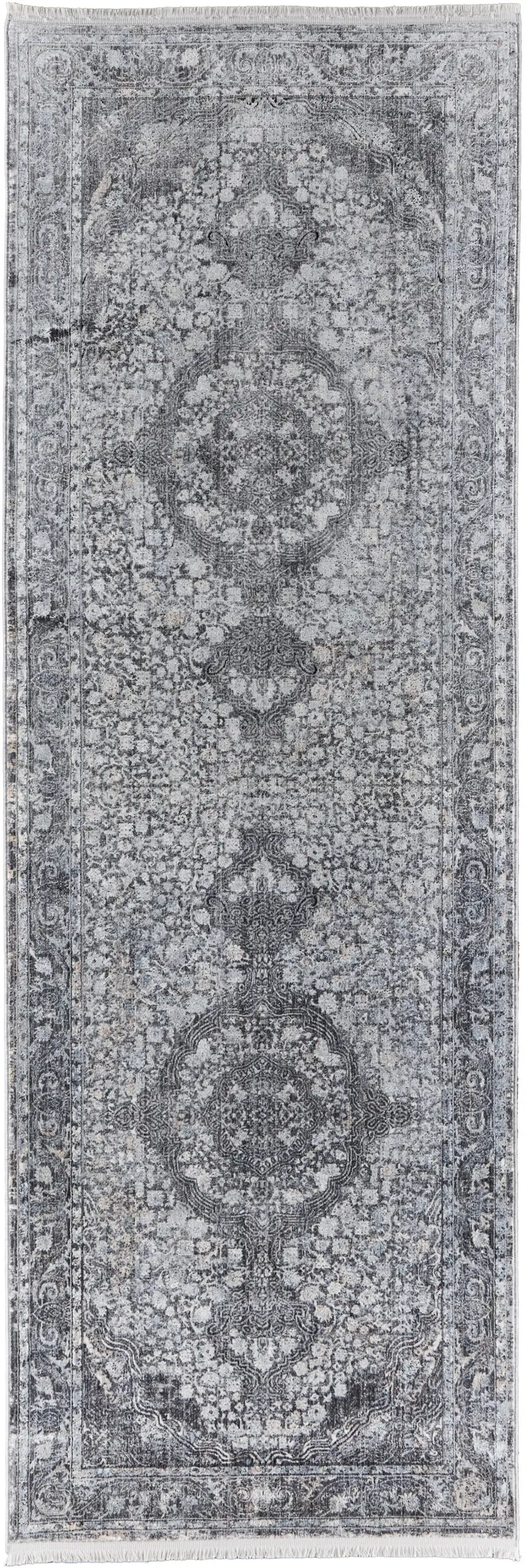 8' Gray and Silver Oriental Power Loom Worn Faded Runner Rug Photo 1