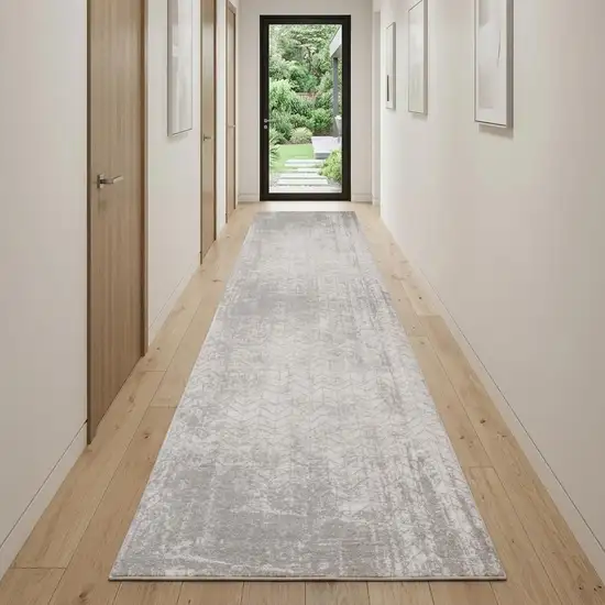 10' Gray And White Chevron Runner Rug Photo 1