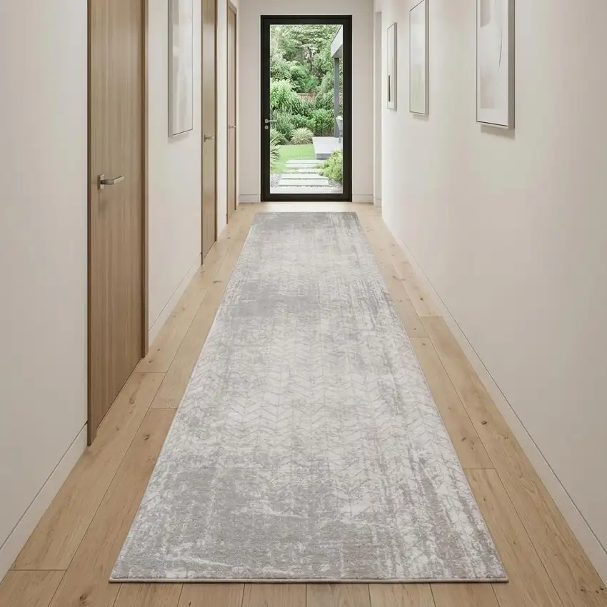 10' Gray And White Chevron Runner Rug Photo 1